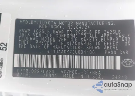 2025 Toyota Camry Xle из США, поврежденный, VIN 4T1DAACK7SU001106